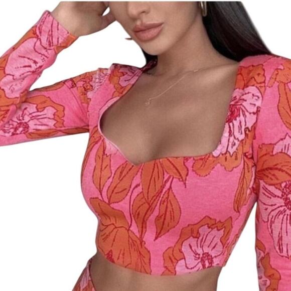 Zara Tops - Zara Pink Orange Floral Jacquard Long Sleeve Crop Top Square Neck Size Large